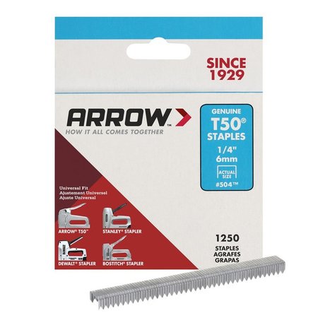 Arrow Fastener Heavy Duty Staples, 18 ga, Flat Crown, 1/4 in Leg L, Steel 50424